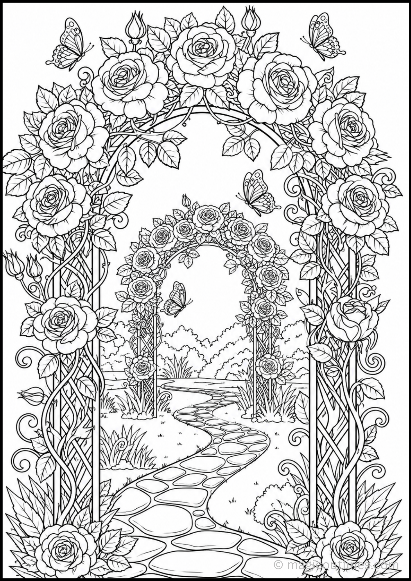 Rose coloring pages featuring a beautiful rose-covered garden archway and winding pathway.