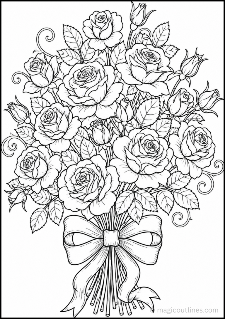Roses coloring pages showing a large bouquet of blooming roses tied with a decorative ribbon.