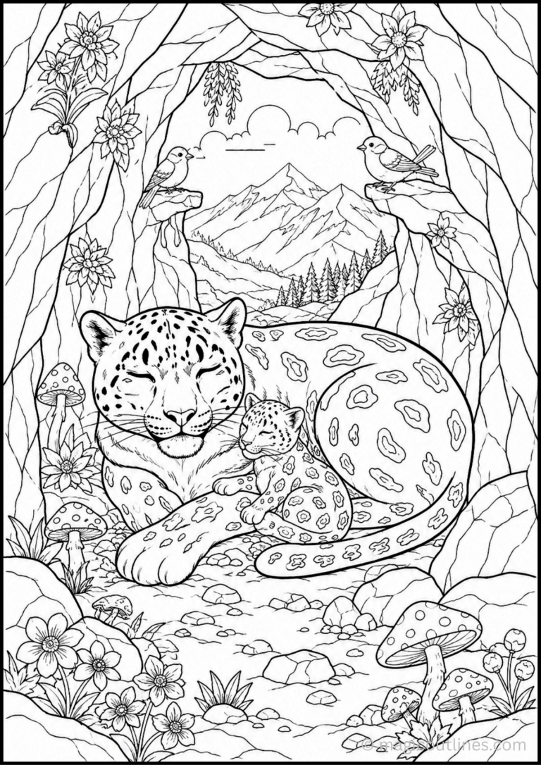 Snow leopard coloring page featuring a mother snow leopard and cub resting together inside a mountain cave.