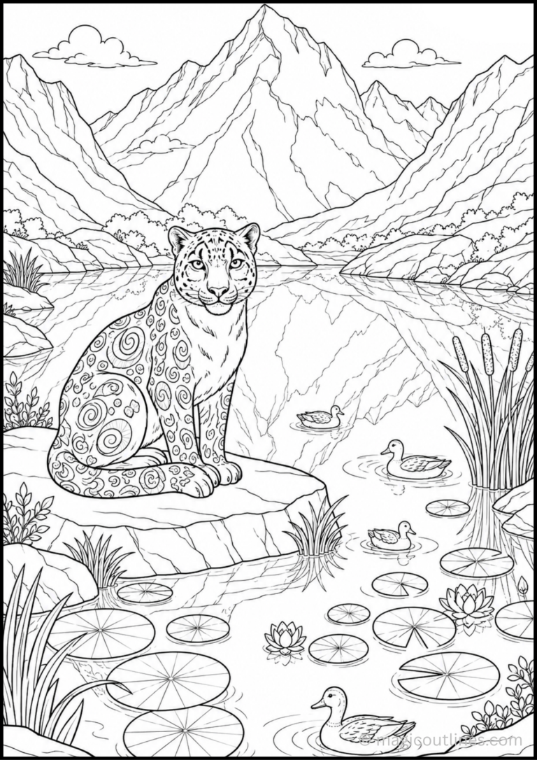 Snow leopard coloring pages featuring a snow leopard beside a mountain lake with ducks, lily pads, and alpine scenery.