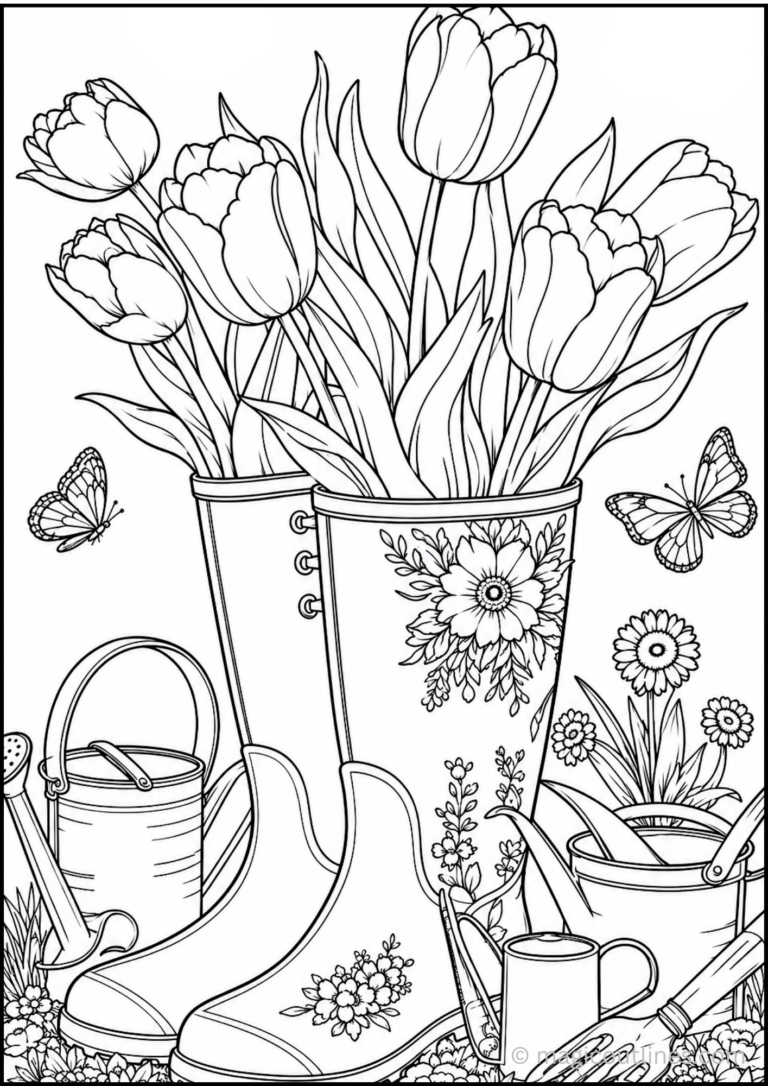 Decorative rain boots filled with tulip flowers, butterflies, watering can, and garden tools coloring page.