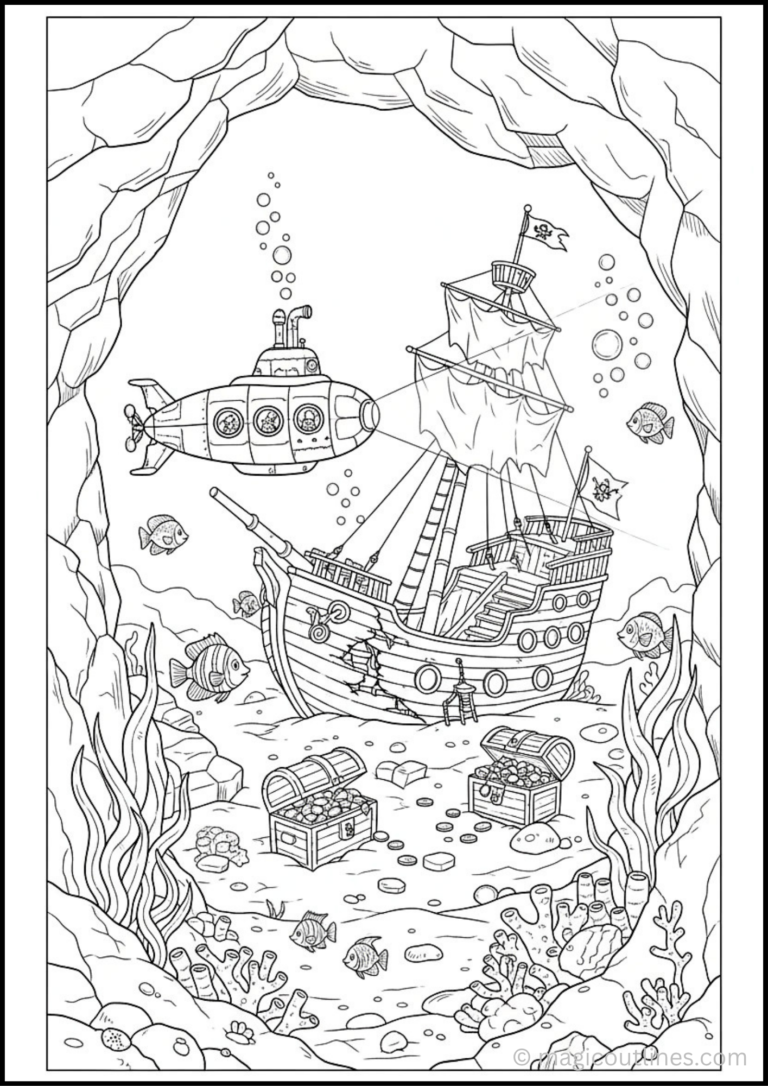 Submarine color page with a submarine investigating a sunken pirate ship and treasure chests.