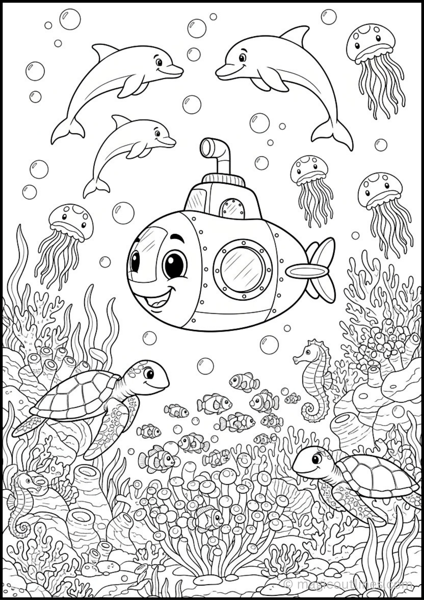 Submarine coloring page featuring a friendly submarine surrounded by dolphins, sea turtles, fish, and jellyfish.