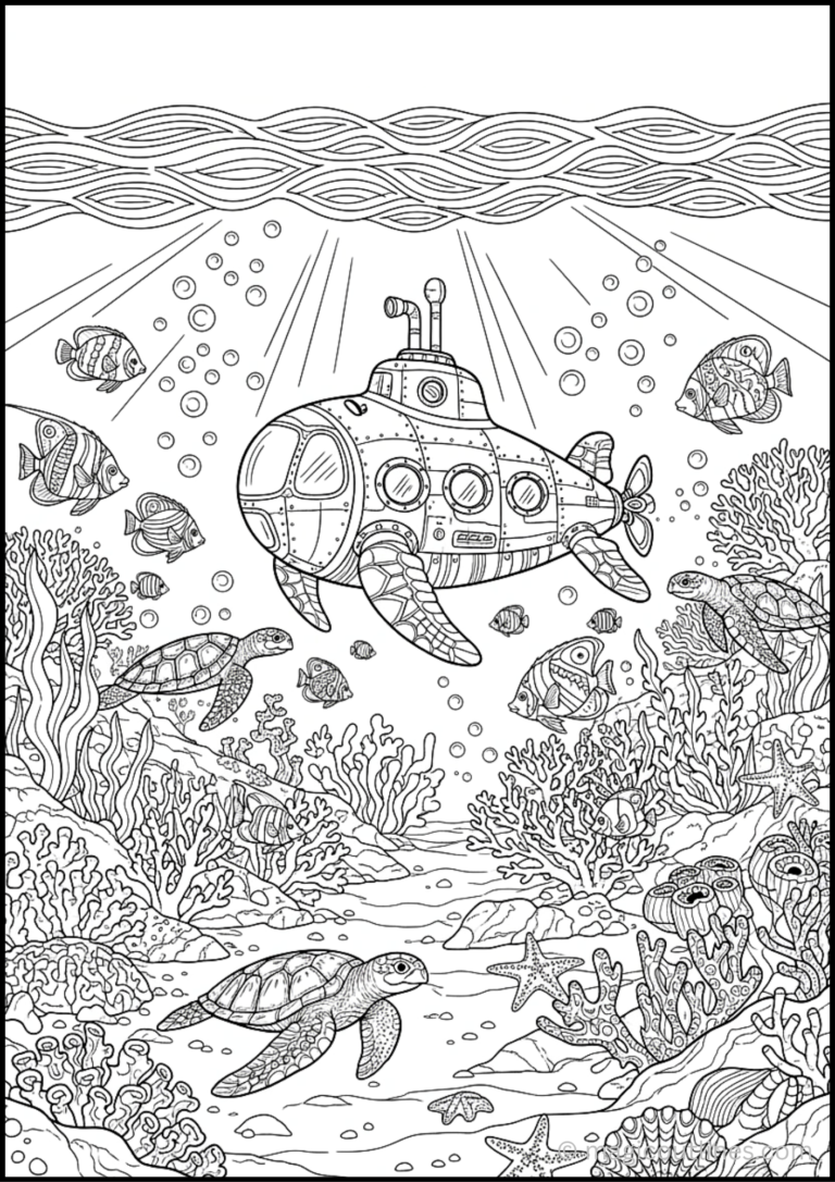 Submarine coloring pages showing a submarine exploring coral reefs with sea turtles and tropical fish.