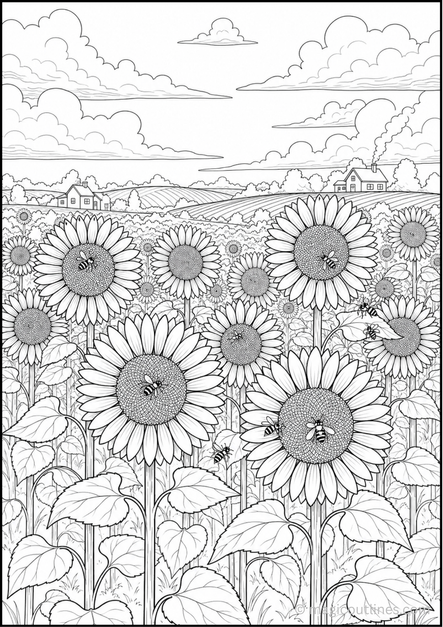 Sunflower field landscape coloring page with bees, countryside houses, and large sunflower flowers