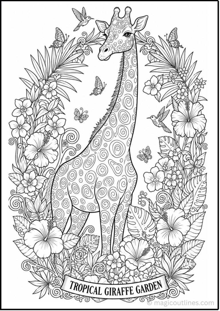 Giraffe coloring book page featuring a decorative giraffe surrounded by tropical flowers, butterflies, and birds.