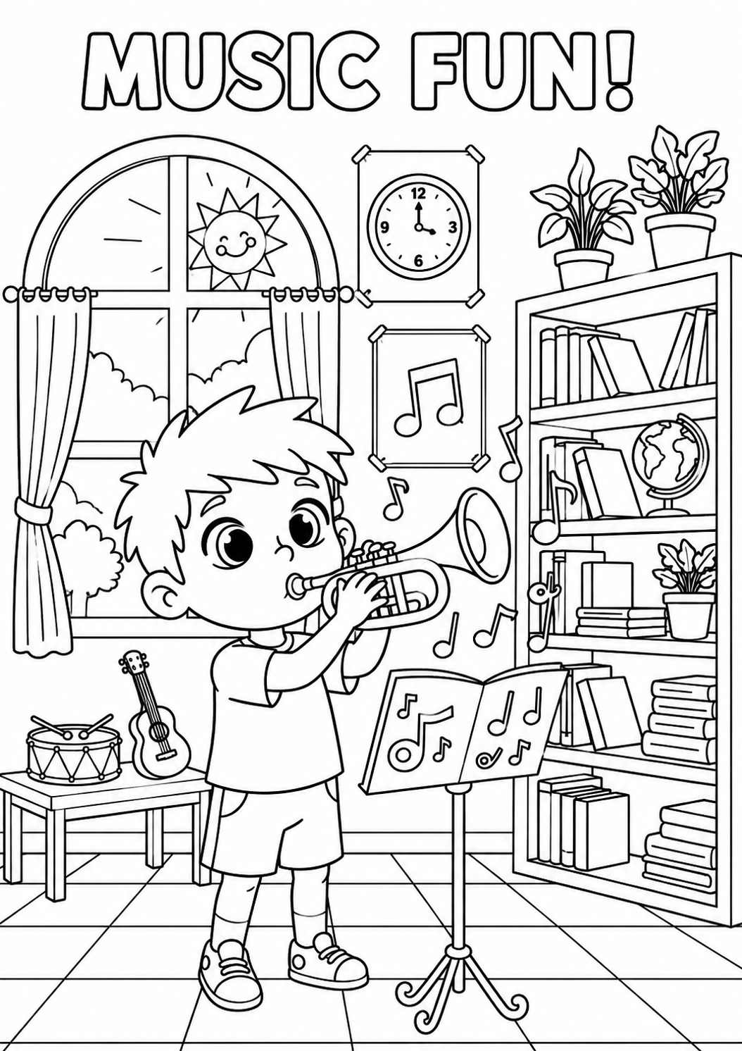 Cute boy playing trumpet in a music room coloring page.