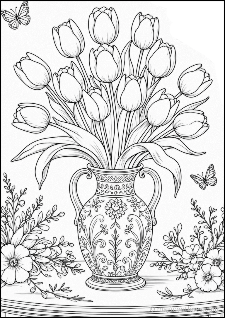 Elegant tulip bouquet arranged in a decorative floral vase with butterflies and flowers coloring page.