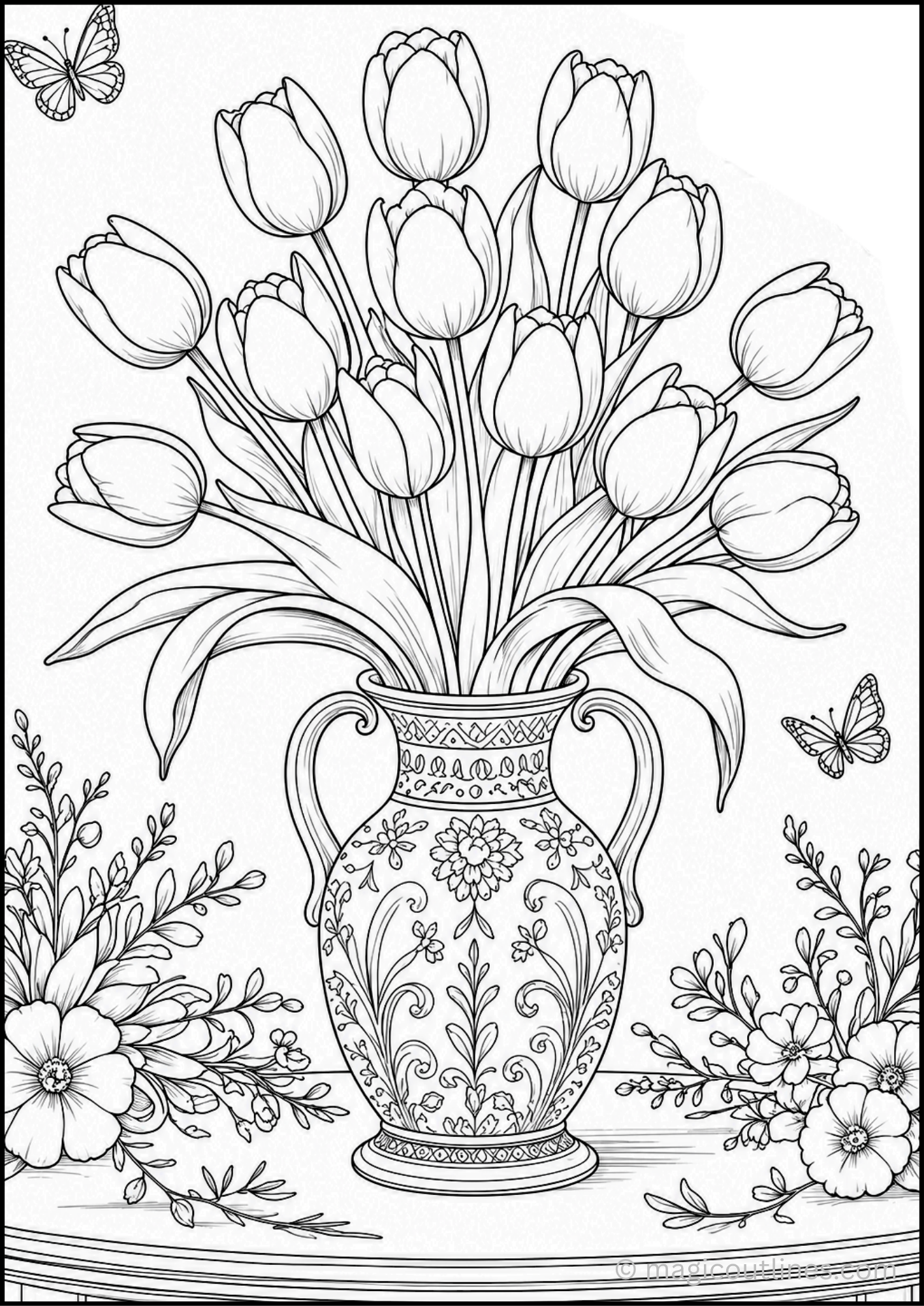 Elegant tulip bouquet arranged in a decorative floral vase with butterflies and flowers coloring page.