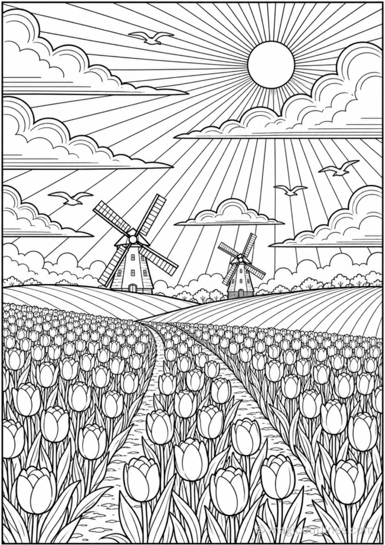 Dutch-style windmills overlooking a vast tulip field under a sunny sky coloring page.