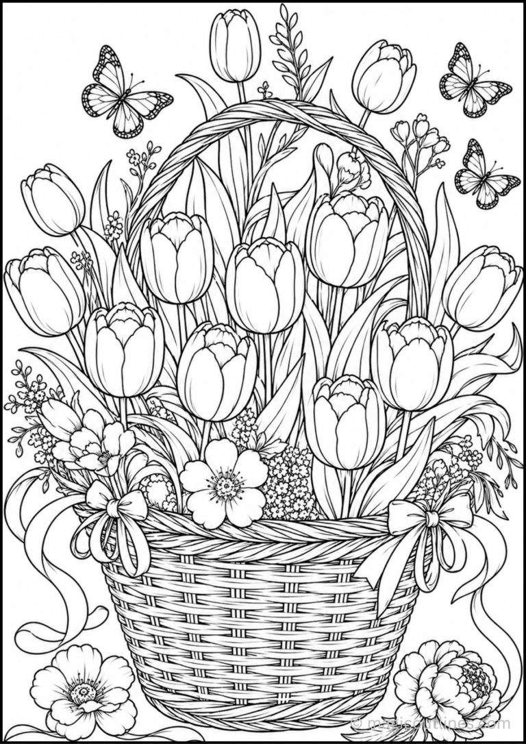 Woven flower basket overflowing with tulips, blossoms, ribbons, and butterflies coloring page.