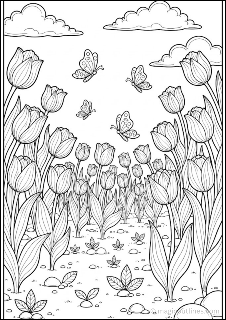 Tulip garden coloring page with butterflies flying above blooming tulip flowers