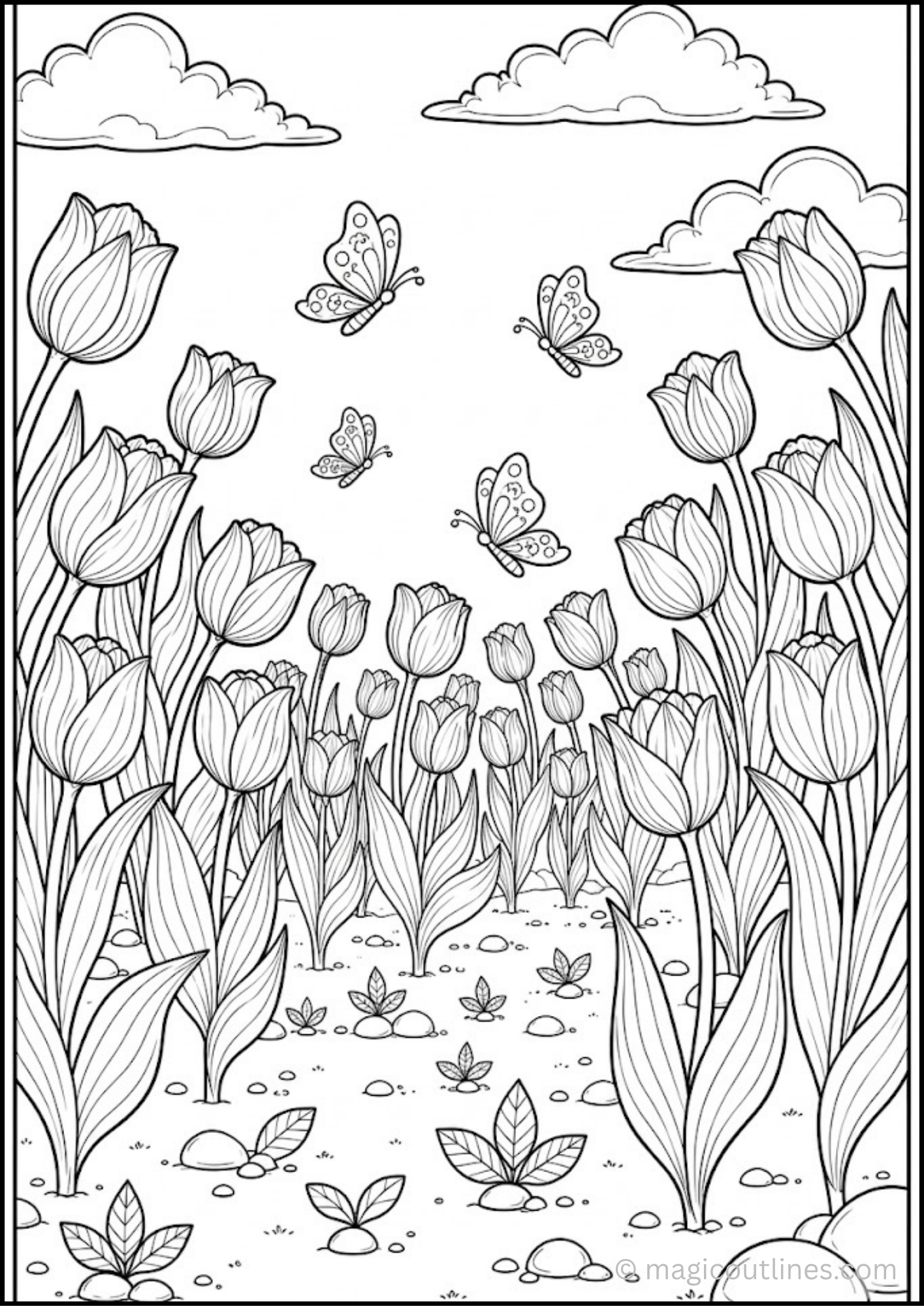 Tulip garden coloring page with butterflies flying above blooming tulip flowers