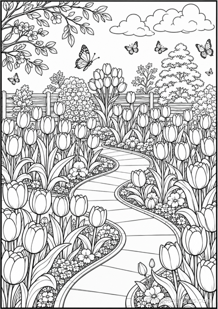 Scenic garden pathway winding through colorful tulip flower beds and spring blooms coloring page.