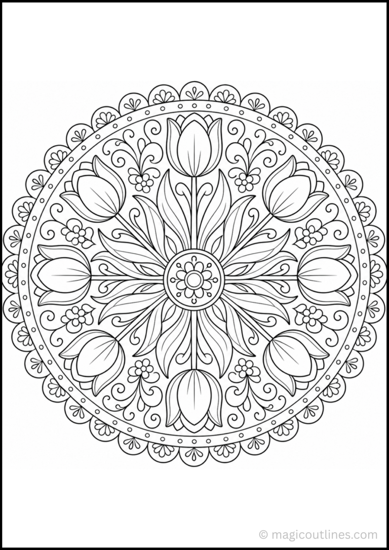 Intricate tulip flower mandala featuring symmetrical petals, floral patterns, and decorative borders coloring page.