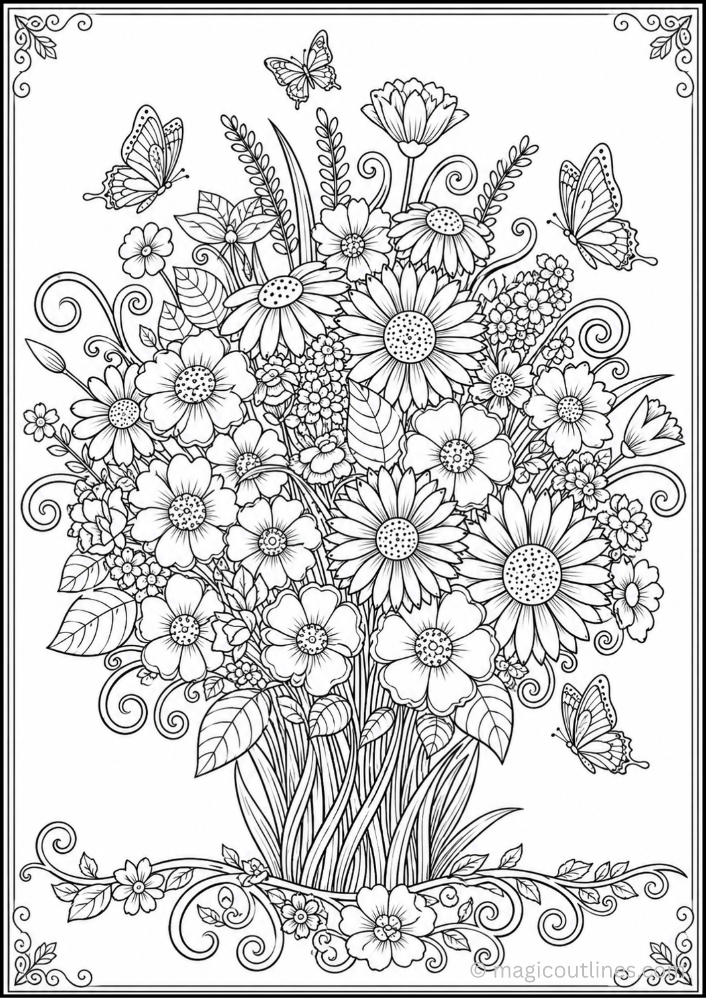 Wildflower garden bouquet coloring page with butterflies, floral patterns, and blooming flowers