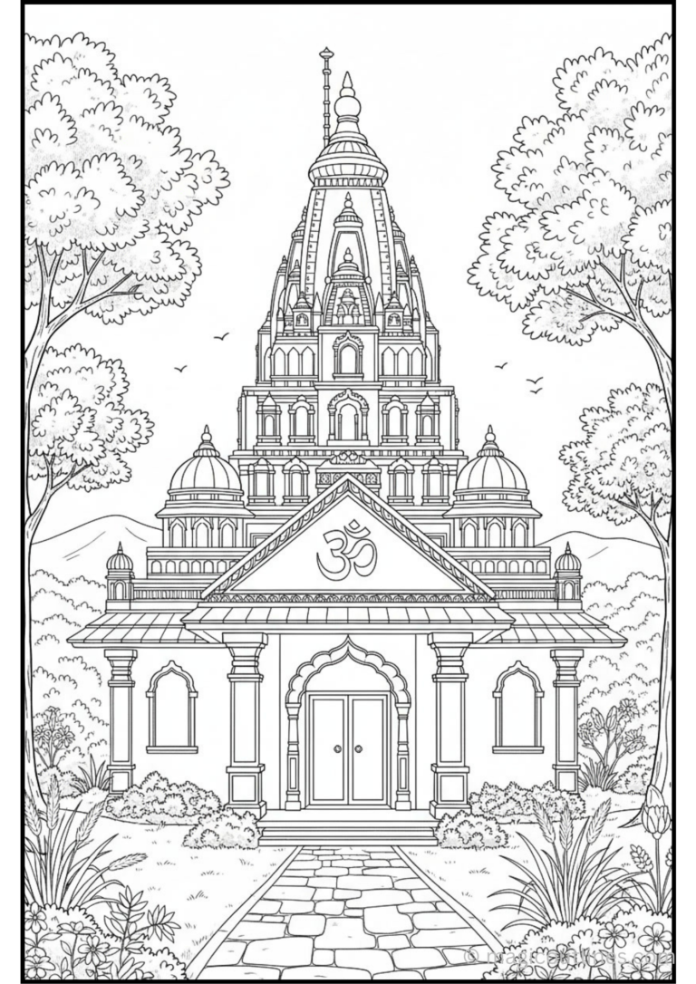 Beautiful Hindu temple coloring page with a tall temple tower, peaceful gardens, trees, flowers, and a stone pathway.