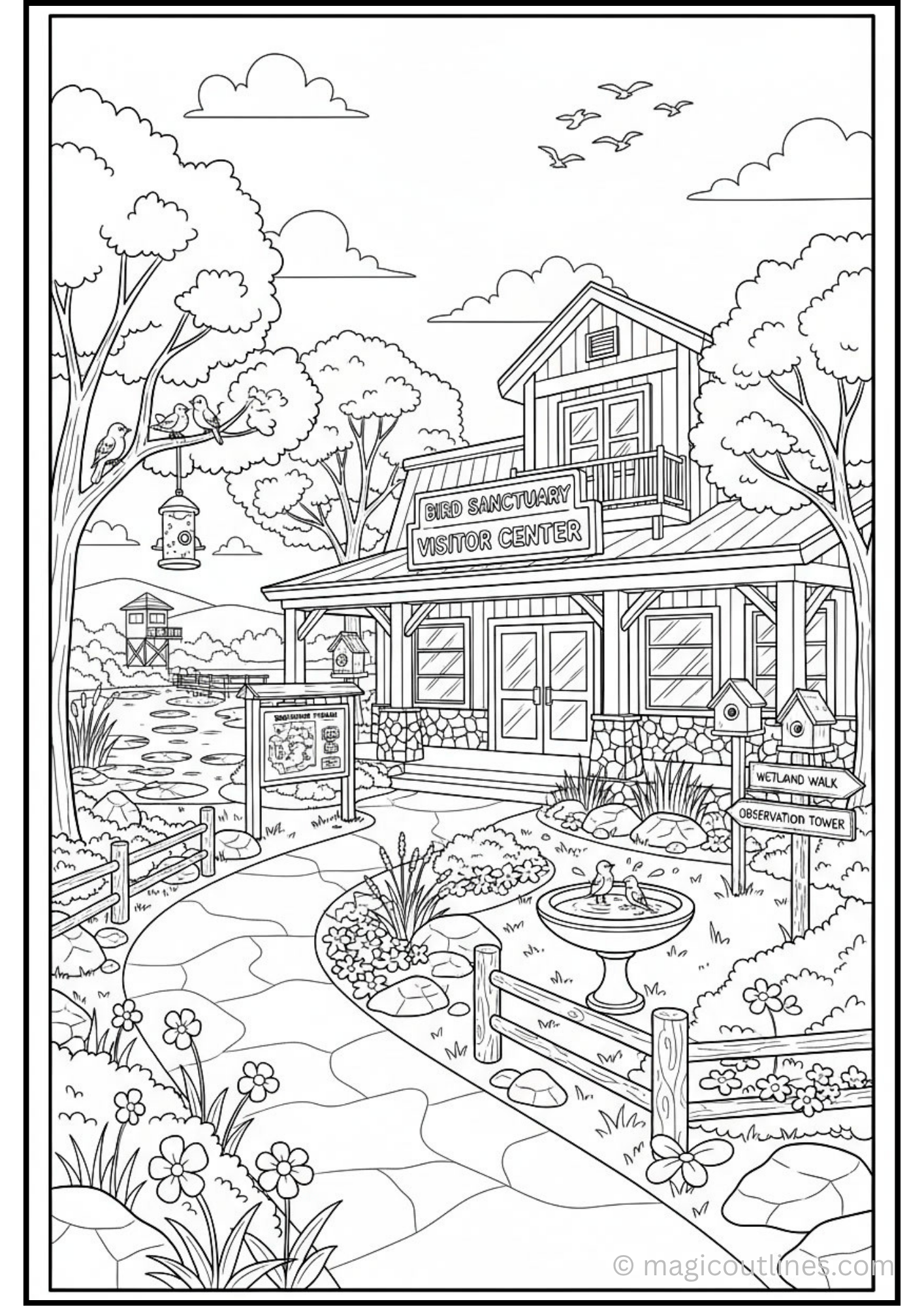 Bird sanctuary visitor center coloring page featuring a nature-inspired building with birdhouses, bird feeders, wetlands, trees, flowers, and a peaceful wildlife setting.