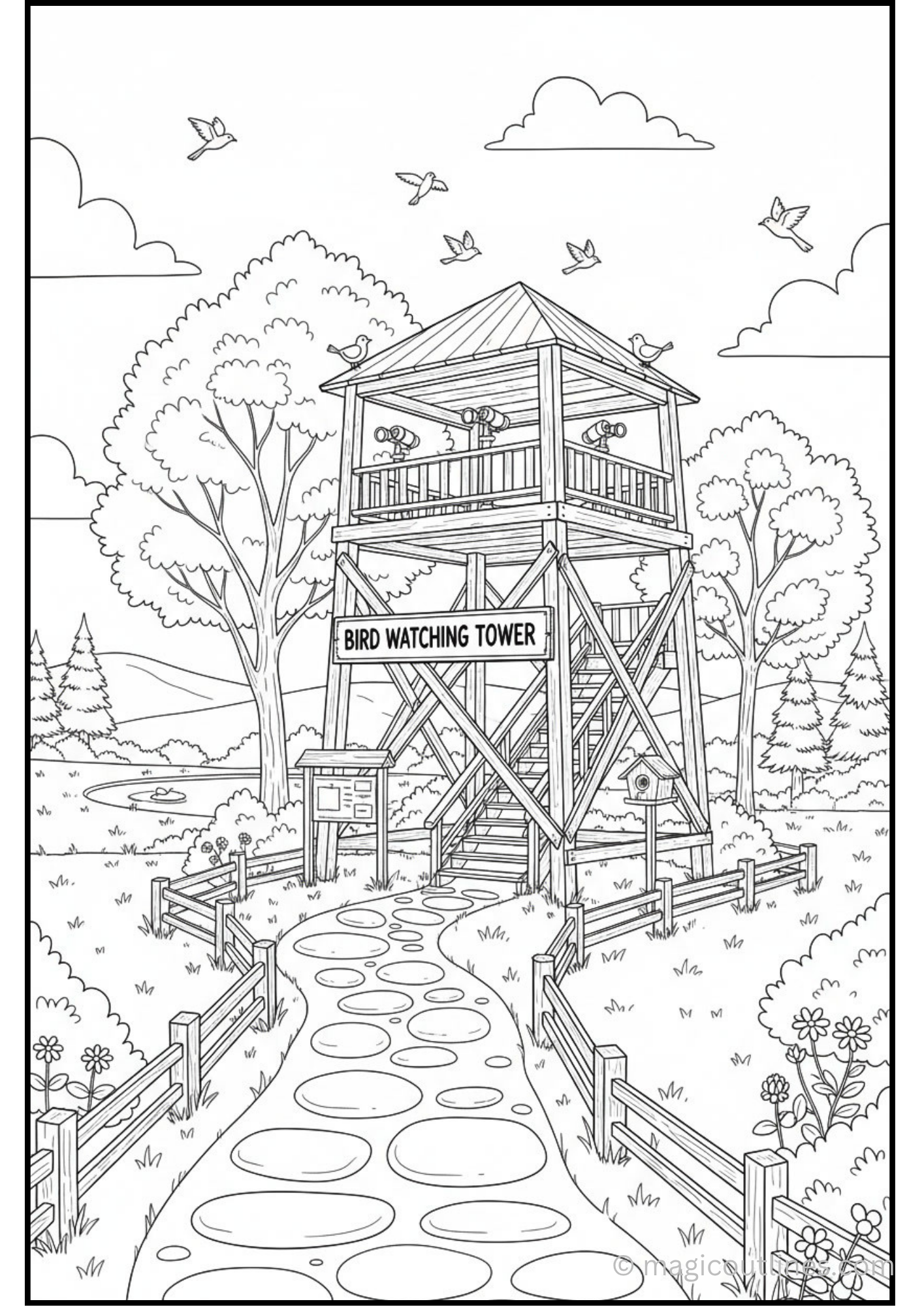 Bird Watching Tower Coloring Page featuring an observation tower surrounded by trees and birds