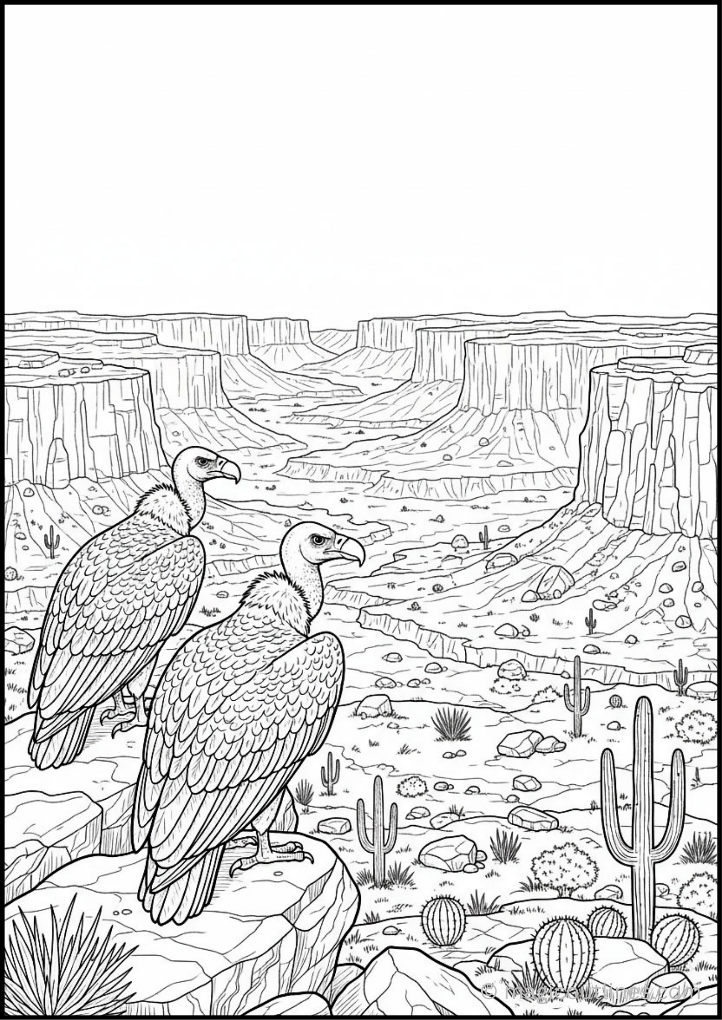 Free Desert Vultures Canyon Coloring Page featuring two majestic vultures overlooking a beautiful desert canyon. Download and print this fun wildlife coloring sheet for kids.