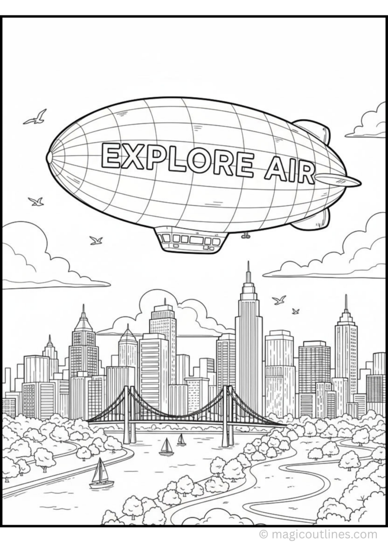 Take to the skies with this free printable blimp coloring page featuring a giant airship flying over a busy city skyline, bridge, river, and sailboats. Perfect for kids who love aircraft, transportation, and adventure.