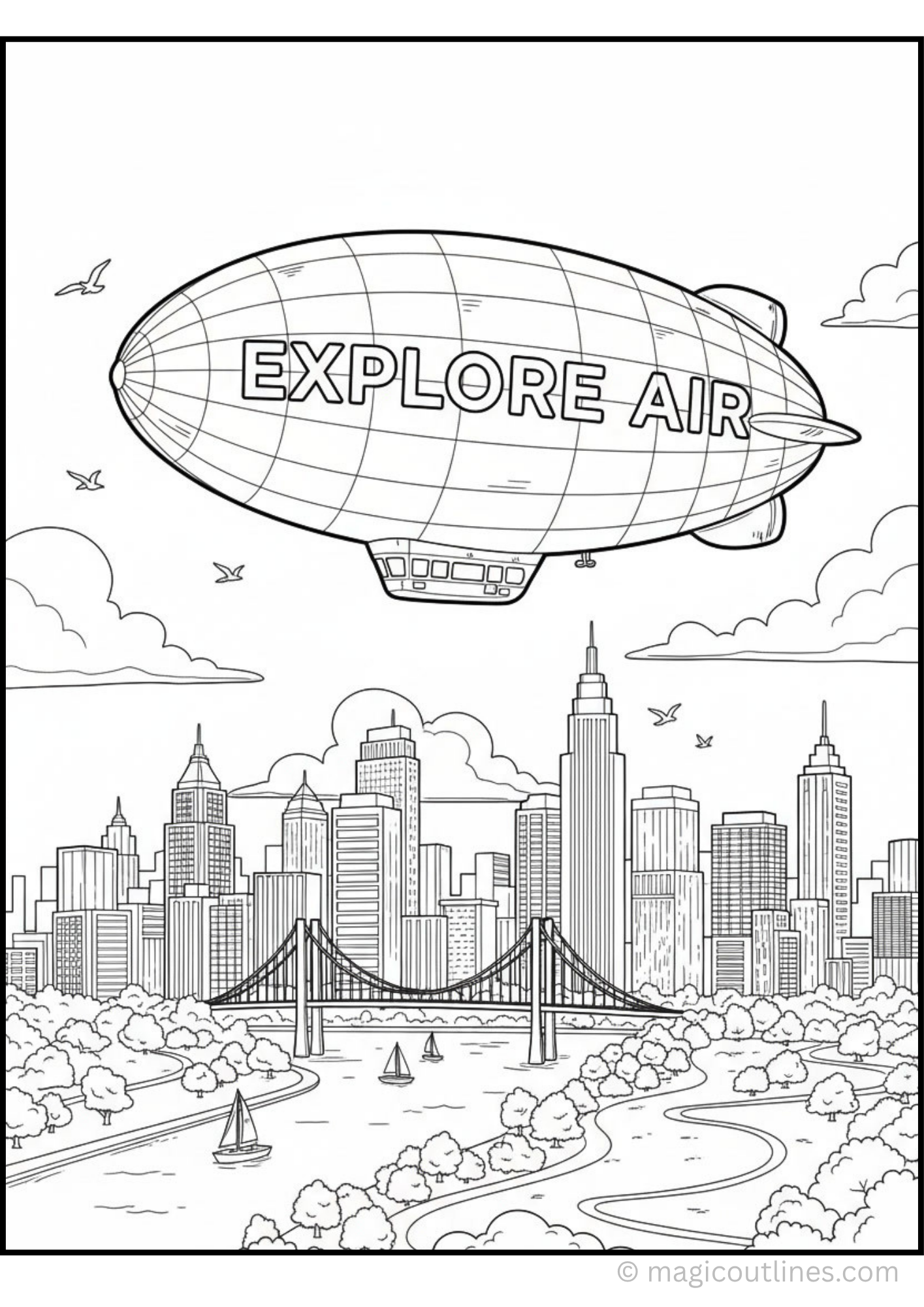 Take to the skies with this free printable blimp coloring page featuring a giant airship flying over a busy city skyline, bridge, river, and sailboats. Perfect for kids who love aircraft, transportation, and adventure.