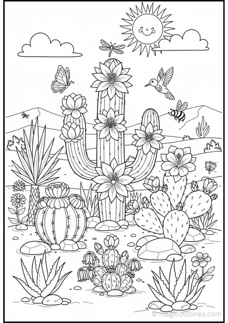 Blooming cactus flowers coloring page with desert plants, butterflies, hummingbird, bees, and sunshine.