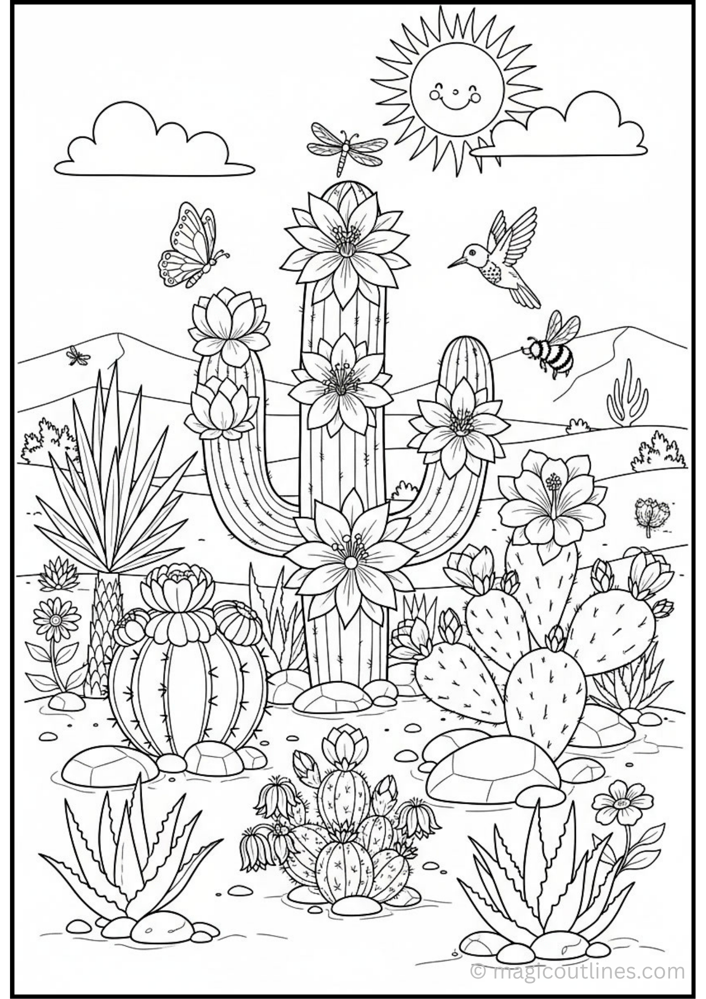 Blooming cactus flowers coloring page with desert plants, butterflies, hummingbird, bees, and sunshine.