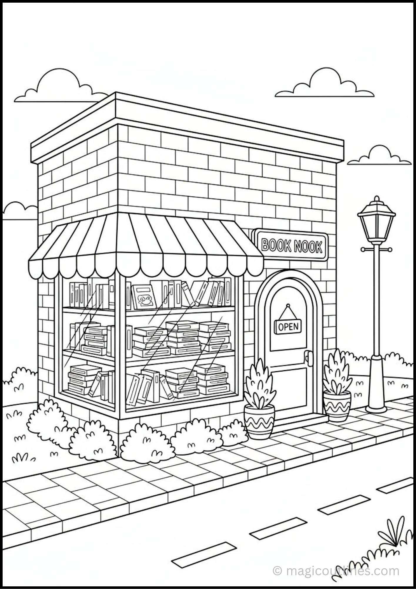 Free printable Bookstore Coloring Page featuring a cozy neighborhood bookshop with shelves full of books and a welcoming storefront.