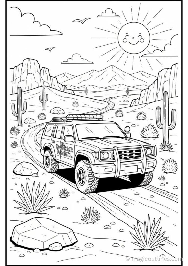 Download this free Border Patrol Vehicle Coloring Page PDF featuring a desert adventure scene with an off-road patrol vehicle. Perfect for kids, classrooms, and homeschool activities.