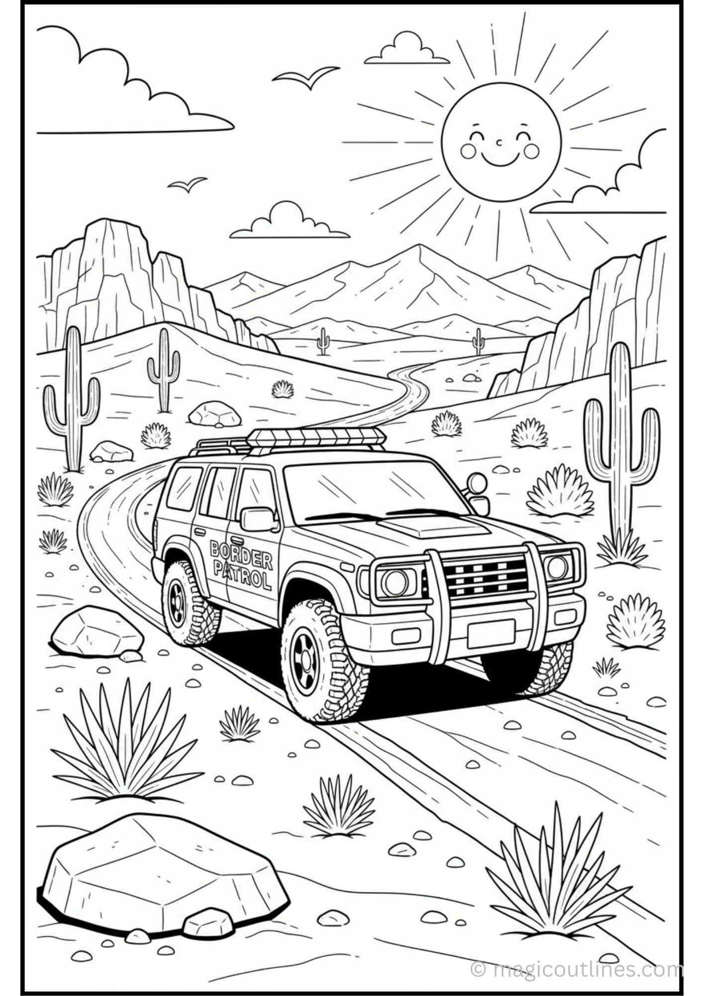 Download this free Border Patrol Vehicle Coloring Page PDF featuring a desert adventure scene with an off-road patrol vehicle. Perfect for kids, classrooms, and homeschool activities.
