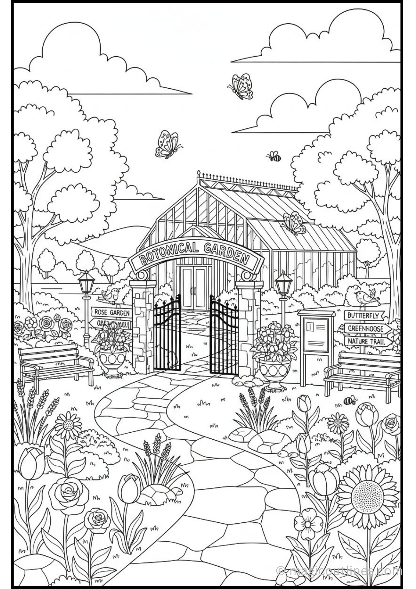 Botanical Garden Coloring Page with greenhouse, flowers, trees and garden path