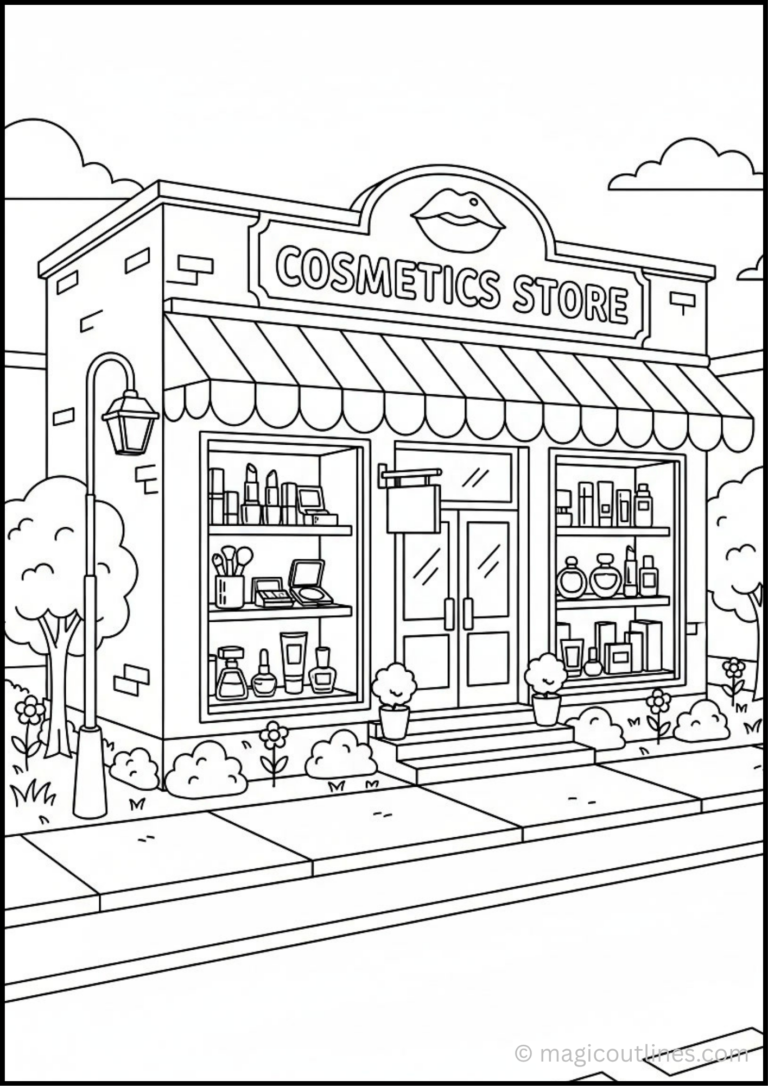 Cosmetic store coloring page featuring a beauty shop with makeup displays, skincare products, and storefront windows.