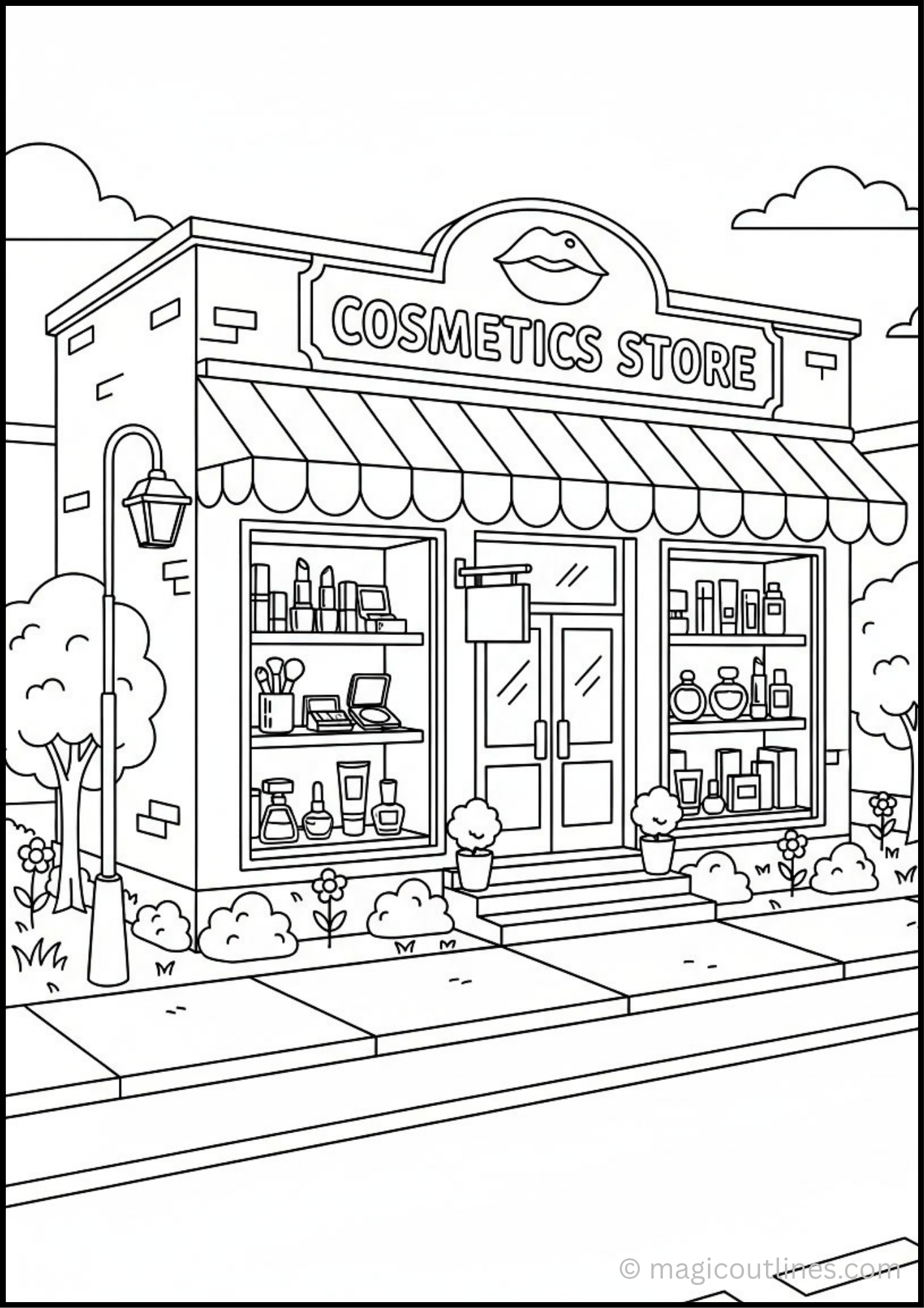 Cosmetic store coloring page featuring a beauty shop with makeup displays, skincare products, and storefront windows.