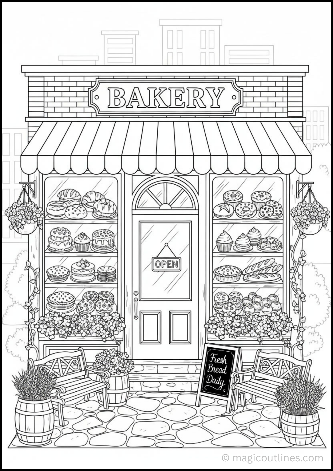 Cozy bakery shop coloring page with cakes, bread, cookies, cupcakes, pastries, flower pots, and a welcoming storefront. Free printable PDF for kids.