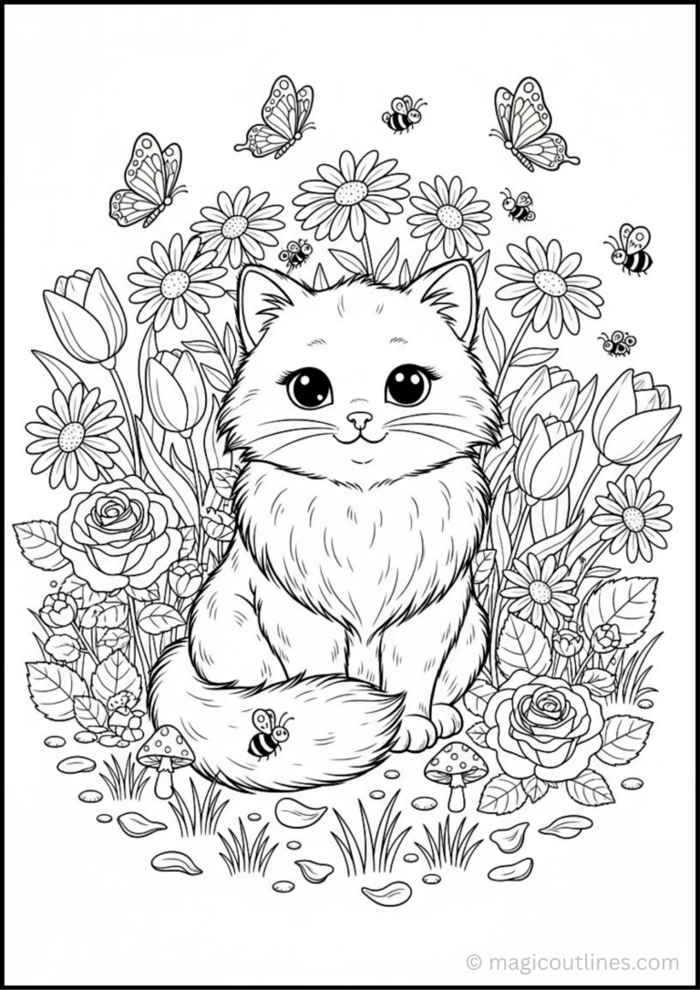 An adorable fluffy cat surrounded by blooming flowers, butterflies, and bees.