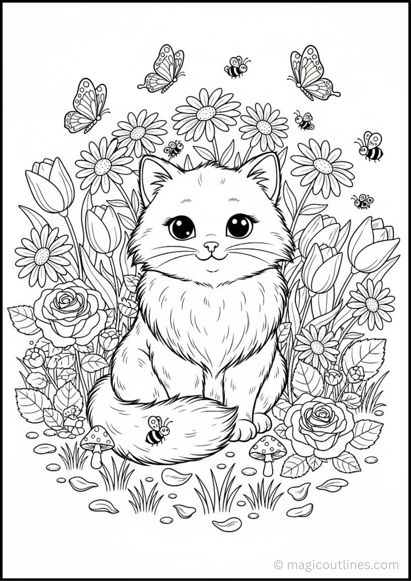 An adorable fluffy cat surrounded by blooming flowers, butterflies, and bees.