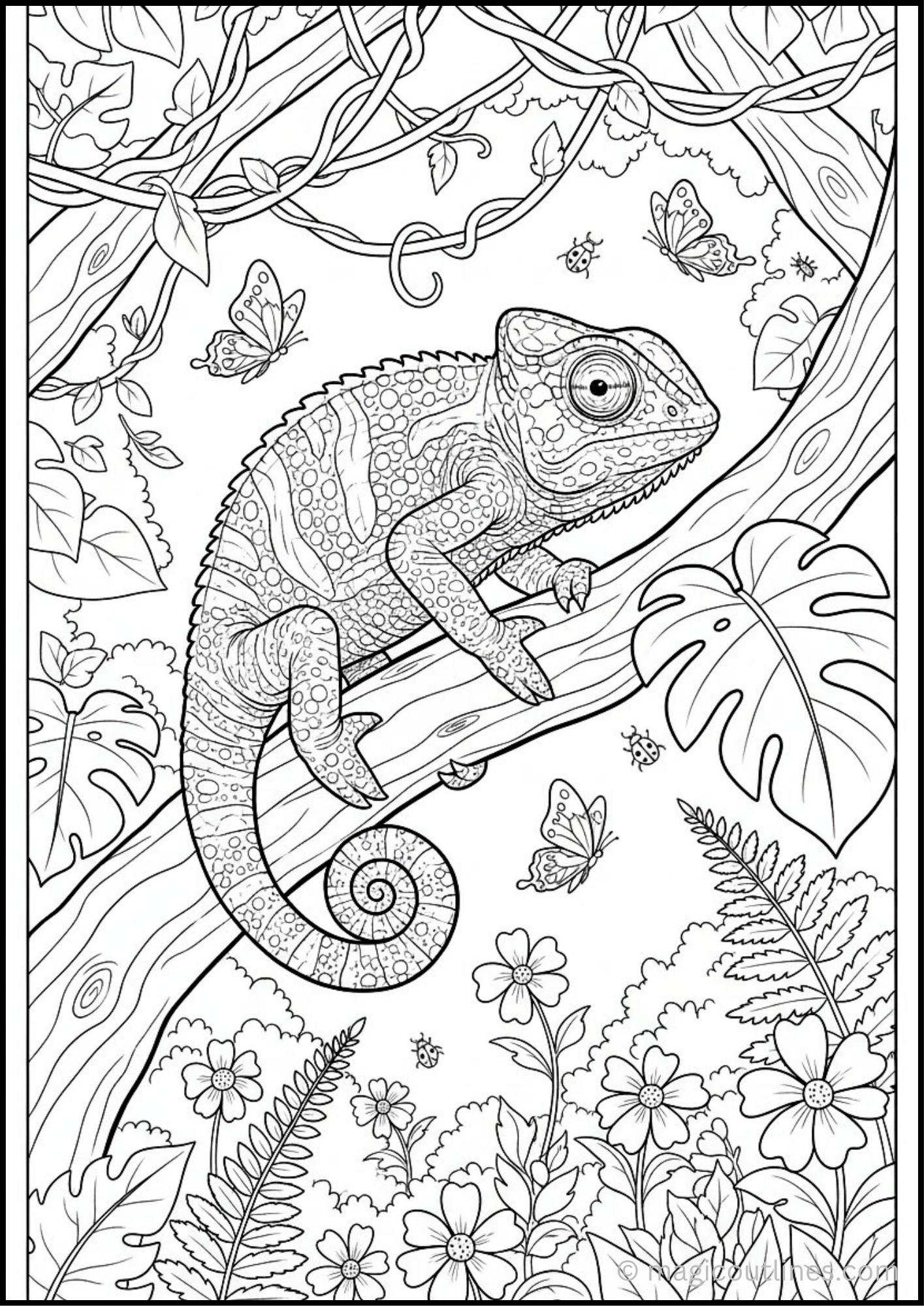 Download this free printable Cute Chameleon Tree Branch Coloring Page featuring a detailed chameleon climbing through a tropical rainforest filled with vines, flowers, butterflies, and large jungle leaves. Perfect for kids, classrooms, homeschool activities, and reptile lovers.