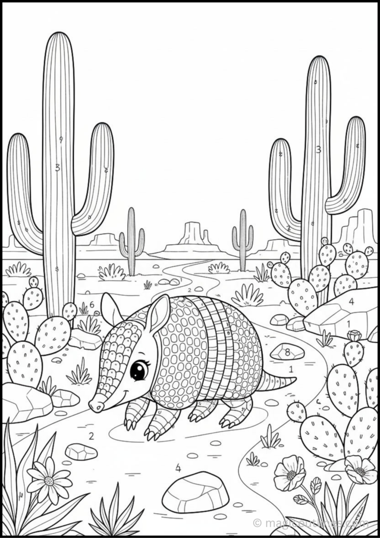 Enjoy this free printable Cute Desert Armadillo Coloring Page featuring an adorable armadillo exploring a peaceful desert filled with cacti, flowers, and rocks. Great for kids who love animals and nature.