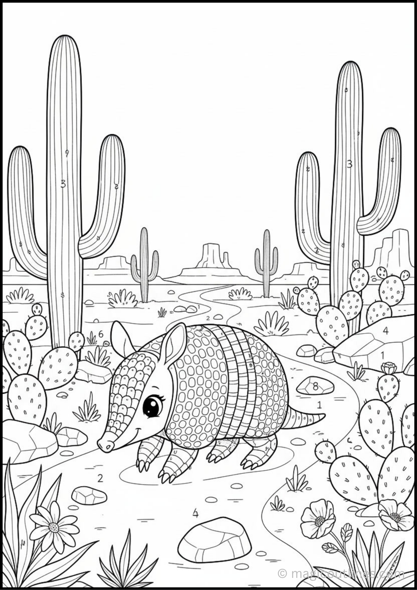 Enjoy this free printable Cute Desert Armadillo Coloring Page featuring an adorable armadillo exploring a peaceful desert filled with cacti, flowers, and rocks. Great for kids who love animals and nature.