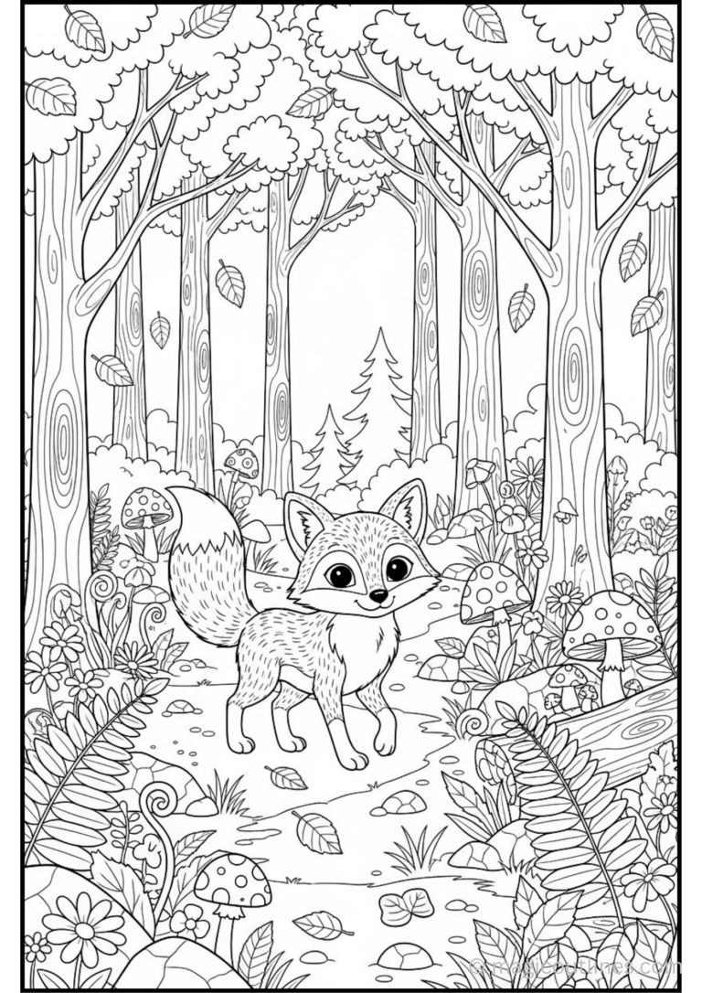 Free printable Cute Fox Woodland Trail Coloring Page featuring an adorable fox exploring a peaceful forest.
