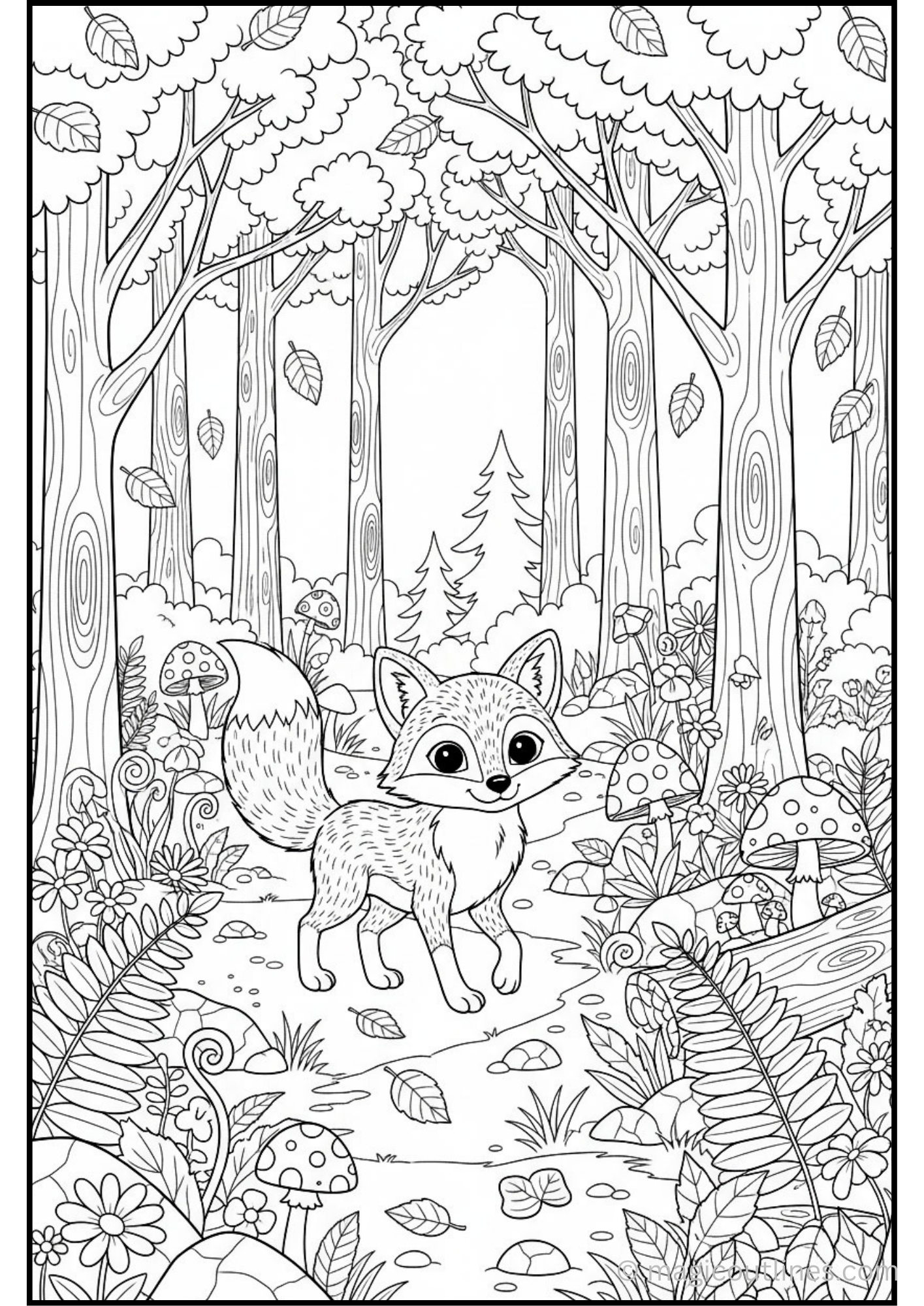 Free printable Cute Fox Woodland Trail Coloring Page featuring an adorable fox exploring a peaceful forest.
