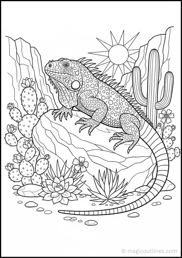 Download this free Cute Iguana Rock Coloring Page featuring a detailed iguana relaxing on a rocky desert landscape surrounded by cacti, flowers, and sunshine. This printable PDF is perfect for kids, parents, teachers, homeschool activities, and reptile lovers.