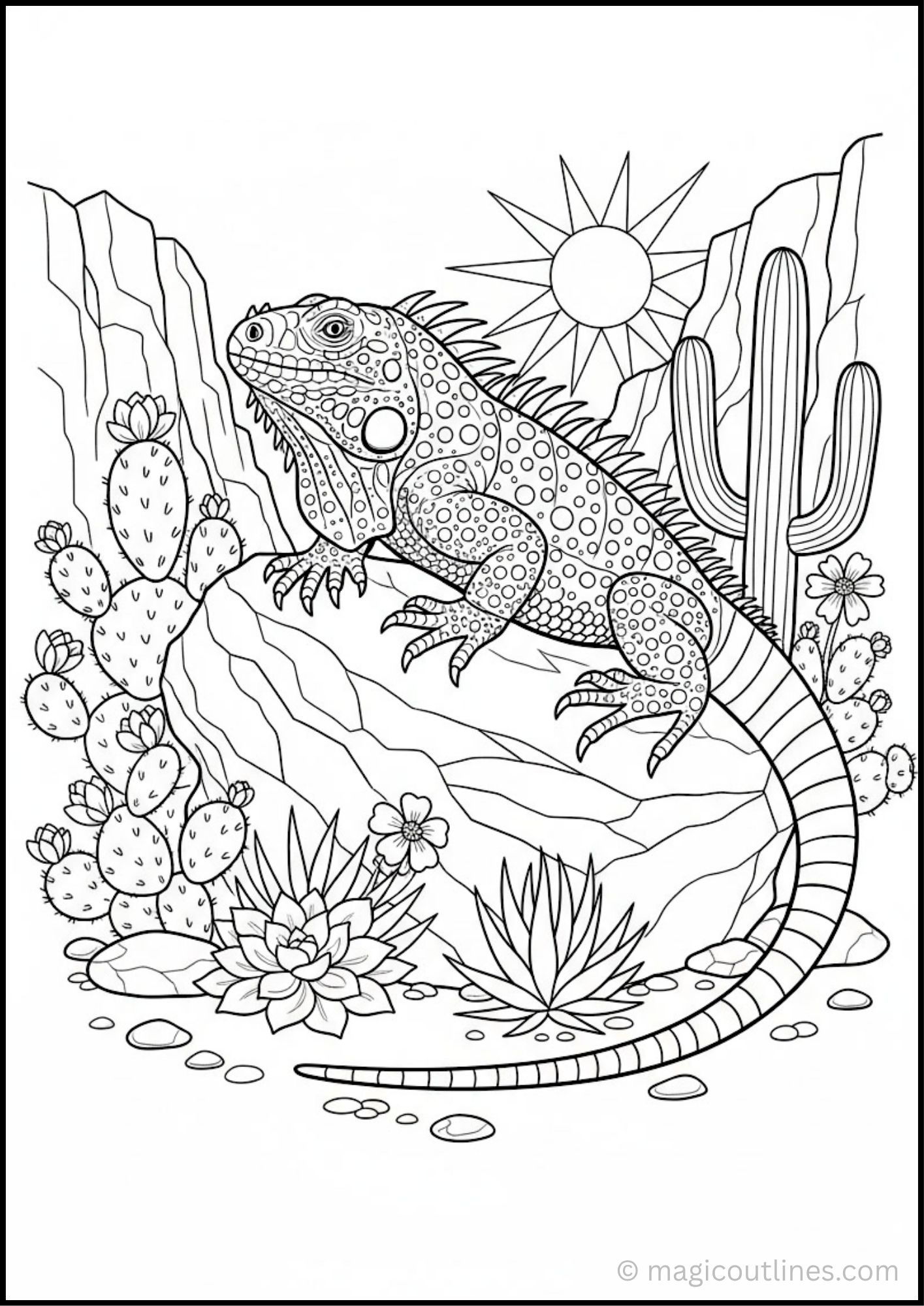 Download this free Cute Iguana Rock Coloring Page featuring a detailed iguana relaxing on a rocky desert landscape surrounded by cacti, flowers, and sunshine. This printable PDF is perfect for kids, parents, teachers, homeschool activities, and reptile lovers.