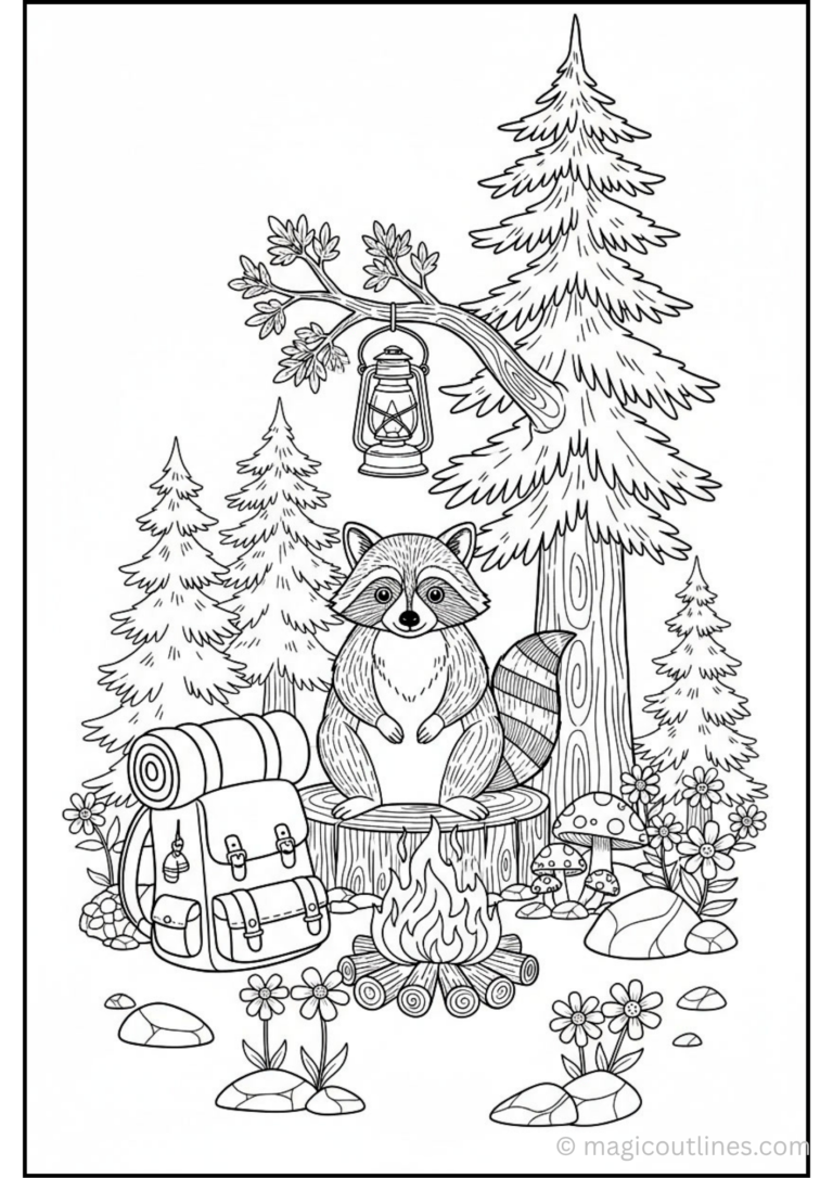 Download this Cute Raccoon Forest Camp Coloring Page featuring an adorable raccoon sitting beside a cozy campfire surrounded by pine trees, flowers, mushrooms, a camping backpack, and a hanging lantern. This printable PDF is perfect for kids, parents, teachers, and nature lovers who enjoy woodland-themed coloring activities.