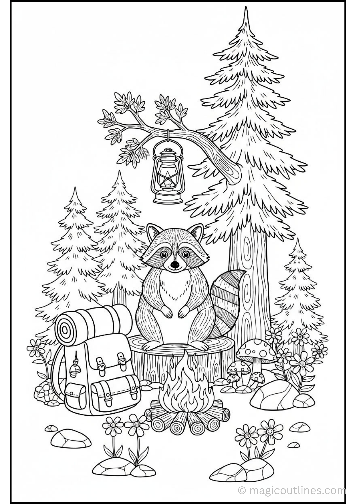 Download this Cute Raccoon Forest Camp Coloring Page featuring an adorable raccoon sitting beside a cozy campfire surrounded by pine trees, flowers, mushrooms, a camping backpack, and a hanging lantern. This printable PDF is perfect for kids, parents, teachers, and nature lovers who enjoy woodland-themed coloring activities.