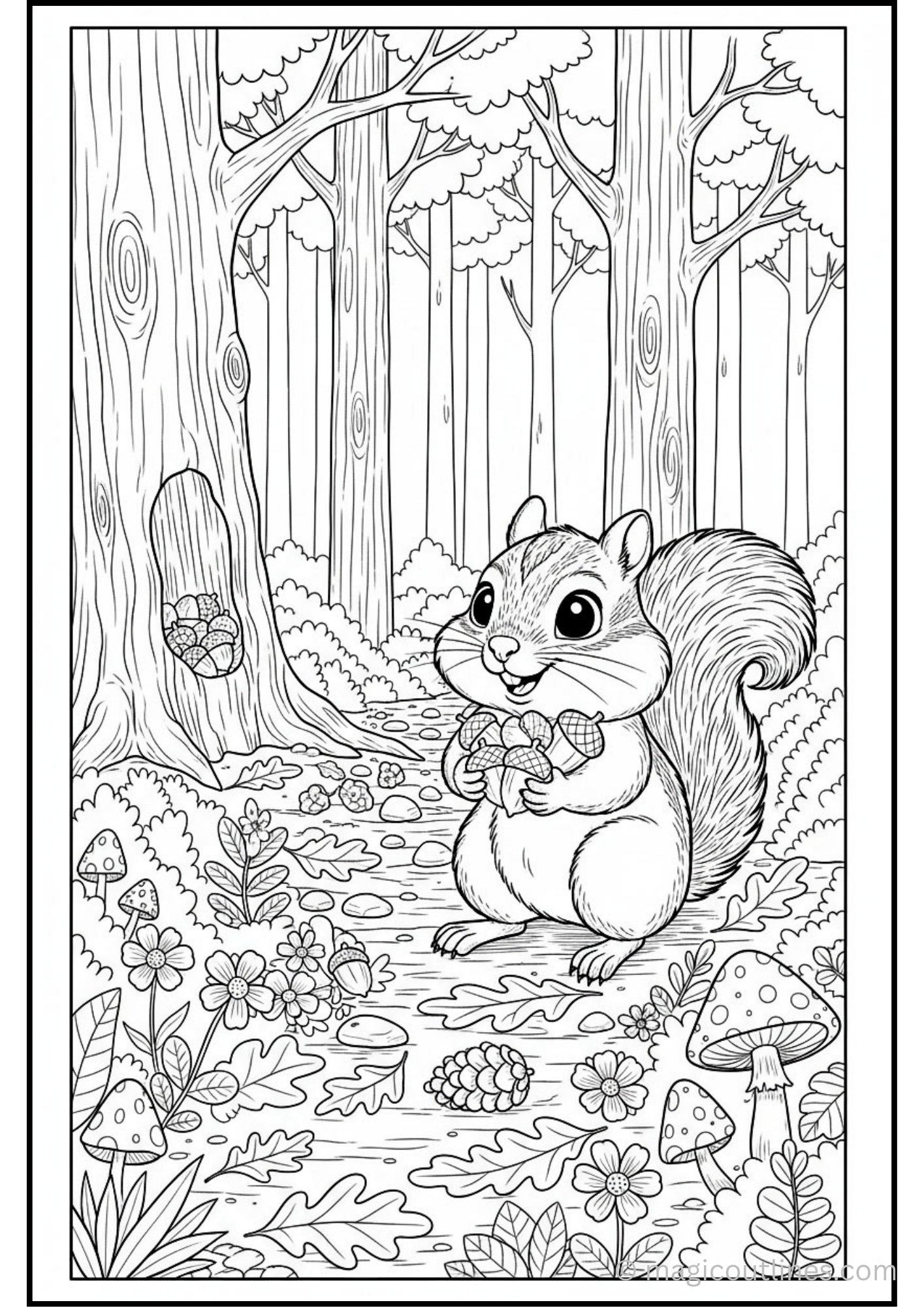 Download this Cute Squirrel Forest Coloring Page free printable PDF featuring an adorable squirrel with acorns in a beautiful woodland setting. Perfect for kids, classrooms, and homeschool activities.