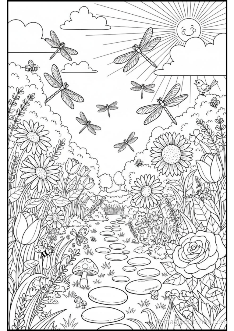 Download this beautiful Dragonfly Garden Coloring Page as a free printable PDF. Kids can enjoy coloring dragonflies, flowers, butterflies, and a peaceful garden path with this fun nature-themed coloring activity.