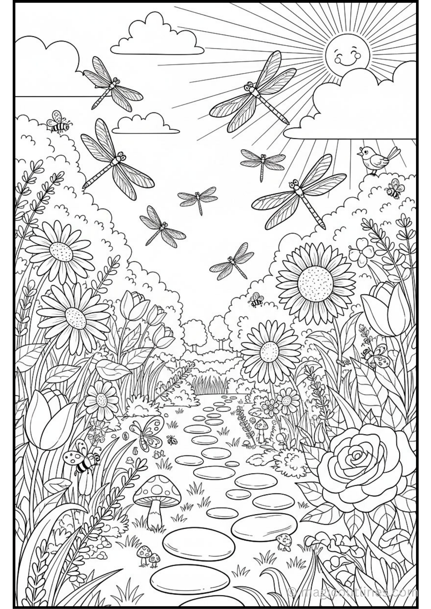 Download this beautiful Dragonfly Garden Coloring Page as a free printable PDF. Kids can enjoy coloring dragonflies, flowers, butterflies, and a peaceful garden path with this fun nature-themed coloring activity.
