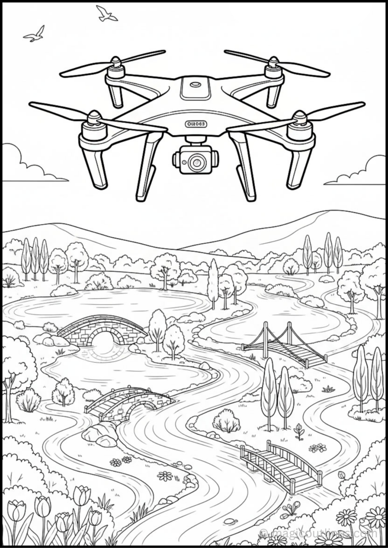 Drone Flying Over Nature Coloring Page with mountains, pine trees, a winding river, grassy hills, and clouds coloring page for kids.